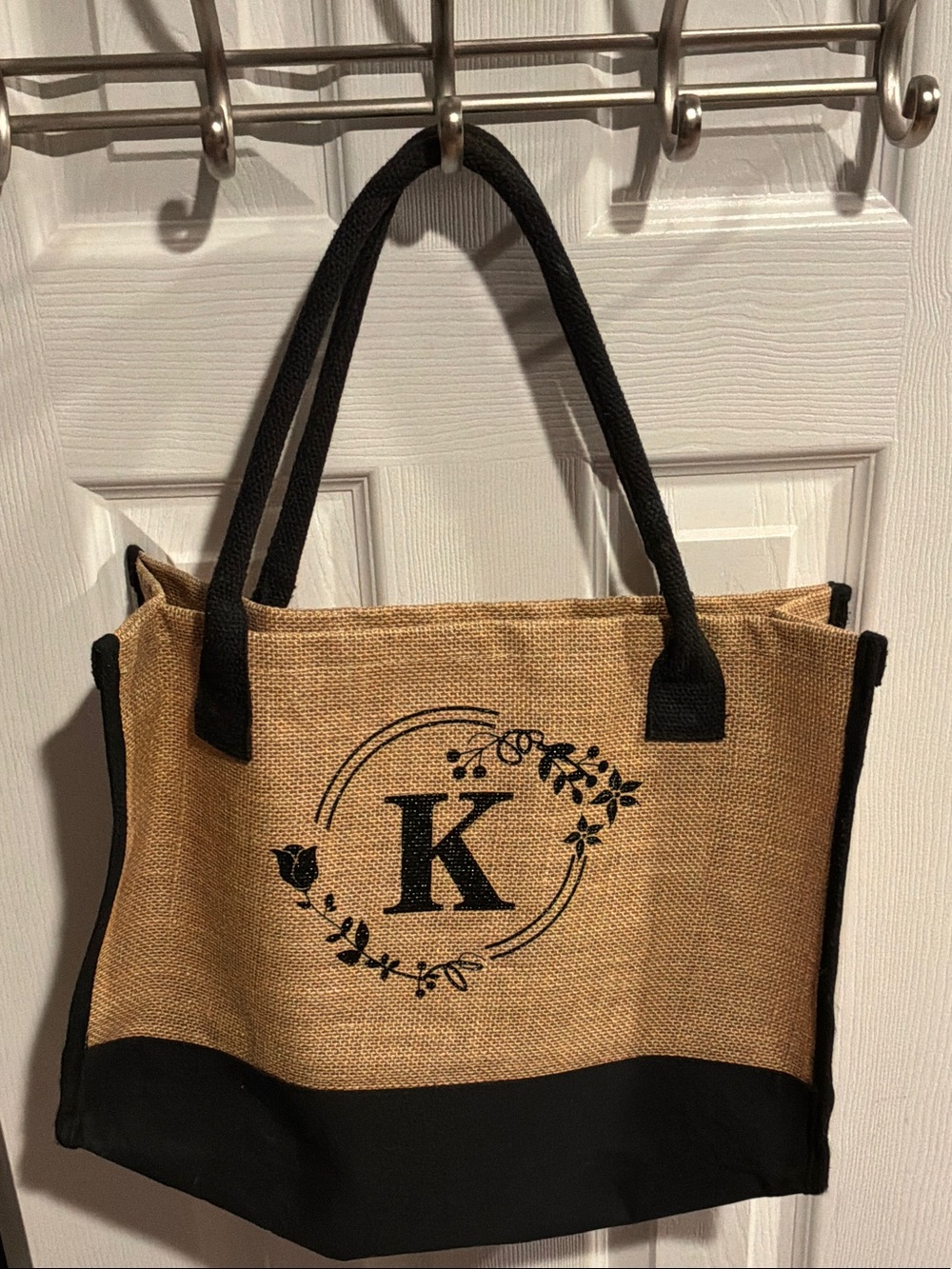 Monogram 'K' Natural Jute Tote with Black Trim